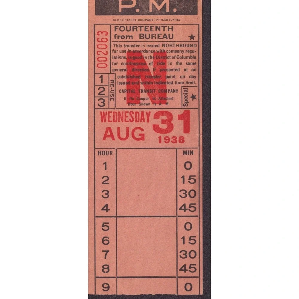 Vintage 1938 Capital Transit Co Washington DC Paper Transfer Ticket Aug 31
